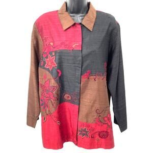 VTG Chico's Design Brown Black & Maroon 100% Silk Embroidered Jacket Size 2